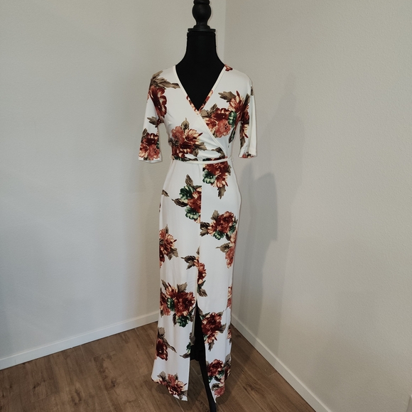 Stillettos Dresses & Skirts - Stillettos Floral Wrap Maxi Dress - White and Brown